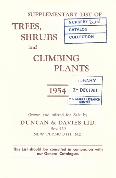 Duncan and Davies Supplementary List of Trees, Shrubs and Climbing Plants, 1954