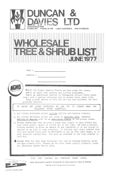 Duncan & Davies Ltd wholesale tree & shrub list, June 1977