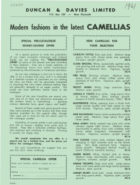 Duncan & Davies Limited special pre-catalogue offer of Camellias, 1961