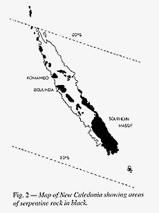 Fig. 2 - Map of New Caledonia showing areas of serpentine rock in black
